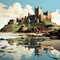 Lively Coastal Castle: Historical Illustration With Detailed Background Elements