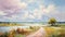 Lively Coastal Landscape: Path In Field Oil Painting