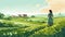 Lively Coastal Landscapes: A Beautiful Illustration Of A Girl In A Green Field