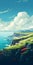 Lively Coastal Landscapes: A Digital Painting Of A Grassy Hill With Sheep, River, And Ocean