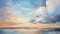 Lively Coastal Landscapes: Serene Sunset Oil Painting With Detailed Skies