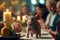 Lively cute little pink piglet stands on the dining table during a banquet around people eating. The concept of vegetarianism, the