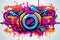 Lively and dynamic cartoon sticker background with an explosion of vibrant graffiti art