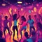 A lively and energetic party, where people dance to upbeat rhythms in a neon-lit club, surrounded by pulsating speakers