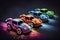 A lively and exciting scene of colorful toy racing cars speeding on a dark background, ready for action-packed fun