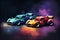 A lively and exciting scene of colorful toy racing cars speeding on a dark background, ready for action-packed fun