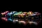 A lively and exciting scene of colorful toy racing cars speeding on a dark background, ready for action-packed fun, generative ai