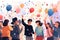 A lively group of people joyfully celebrate, holding colorful balloons and throwing confetti in the air, A group of people