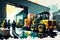 lively illustration of a bustling loading dock with forklifts, pallets, and busy workers in vibrant colors