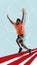 Lively male african football player running with hands up and rejoice win. Contemporary art collage, poster. Concept of