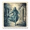Lively Movement Portrayal: Woman Walking Down Hallway Stamp