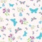 Lively multicolour hand drawn butterflies and flowers design. Seamless multidirectional vector pattern on pastel pink