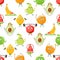 Lively Seamless Pattern with Adorable Fruit Characters Participating In Various Sports Activities. Banana, Lemon