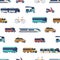 Lively Seamless Pattern Featuring Various Public Transport Modes Like Buses, Trains, And Trams, Taxi, Bicycles, Scooters