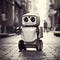 Lively Street Scene: Robot Walking With Blank Sign