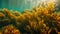 A lively underwater scene features a vibrant kelp forest with swaying seaweed, creating a dense, colorful marine environment, A