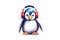 A lively watercolor artwork featuring a cute penguin wearing headphones