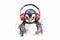 A lively watercolor artwork featuring a cute penguin wearing headphones