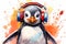 A lively watercolor artwork featuring a cute penguin wearing headphones