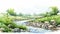 Lively Watercolor Illustration Of A Serene River With Grass And Rocks