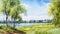 Lively Watercolor Painting Of Dnieper River And Fields