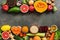 Liver detox diet food concept, border. Fruits,vegetables, nuts, olive oil, citrus fruits, green tea, turmeric, oats. Top view,