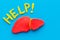 Liver diseases and treatment. Word help and organ on blue background top view copy space