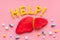 Liver diseases and treatment. Word help, organ and pills on pink background top view