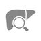 Liver with magnifying glass gray icon. Organ research symbol