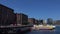 Liverpool dock buildings with narrow boats and barges 4K