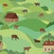 Livestock seamless pattern. Farm animals cows over countryside landscape background