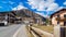 Livigno village, street view with old wooden houses, Italy, Alps