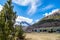 Livigno village, street view with old wooden houses, Italy, Alps