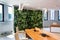 Living green wall, vertical garden indoors with flowers and plants under artificial lighting in meeting boardroom