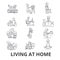 Living at home, help at home, living room furniture, living at home with parents line icons. Editable strokes. Flat