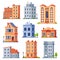 Living house buildings. Cottage houses exterior, condominium apartment building and modern cottages exteriors flat vector set