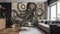 Living Living Room With Full Wall Geometric Octopus Interior Design. Generative AI