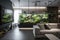 living room with aquarium built into wall, surrounded by floating greenery
