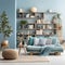 a living room with a blue couch and bookshelves Bohemian interior Living Room with Turquoise color