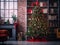 a living room with bookshelves, a christmas tree and a dog