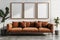 Living room with brown couch and set of three framed pictures. Contemporary interior for wall art mock up