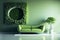 living room with clean and minimalist green paint and sofa colors and a natural theme with green plants