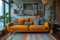 a living room with a colored sofa and light furniture, in the style of gray and amber, indoor still life, retro feel