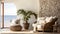 a living room with a couch, chair and potted plant Coastal interior Lounge with Cream color theme