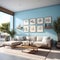 a living room with a couch and a coffee table Contemporary interior Patio with Light Blue color