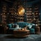 a living room with a couch, table and bookshelves Hollywood Glam interior Library with Turquoise