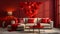 a living room with a couch and a table Hollywood Glam interior Master Bedroom with Deep Red color