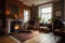 a living room with a cozy fireplace, wooden floors and vintage furniture