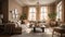 The living room is a cozy and inviting space, with warm tones of cream, beige, and light brown