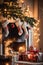 Living room decorated for Christmas with fireplace, Christmas tree and xmas ornaments.